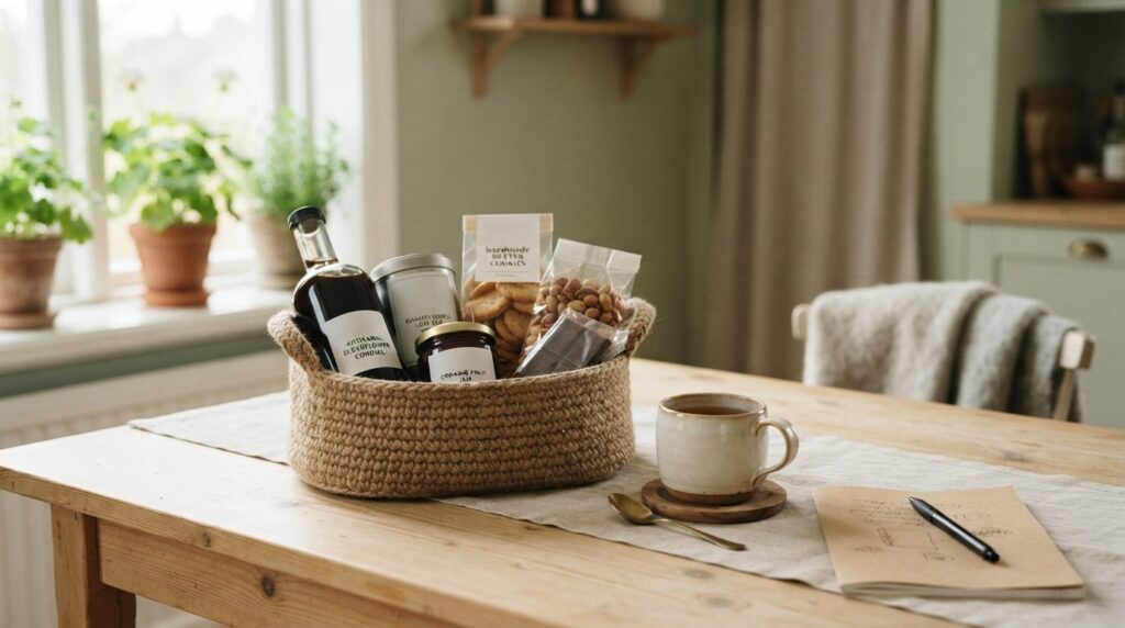 Papirnoter og kaffekop på træbord i naturligt lys med rolige farvetoner i beige og creme.