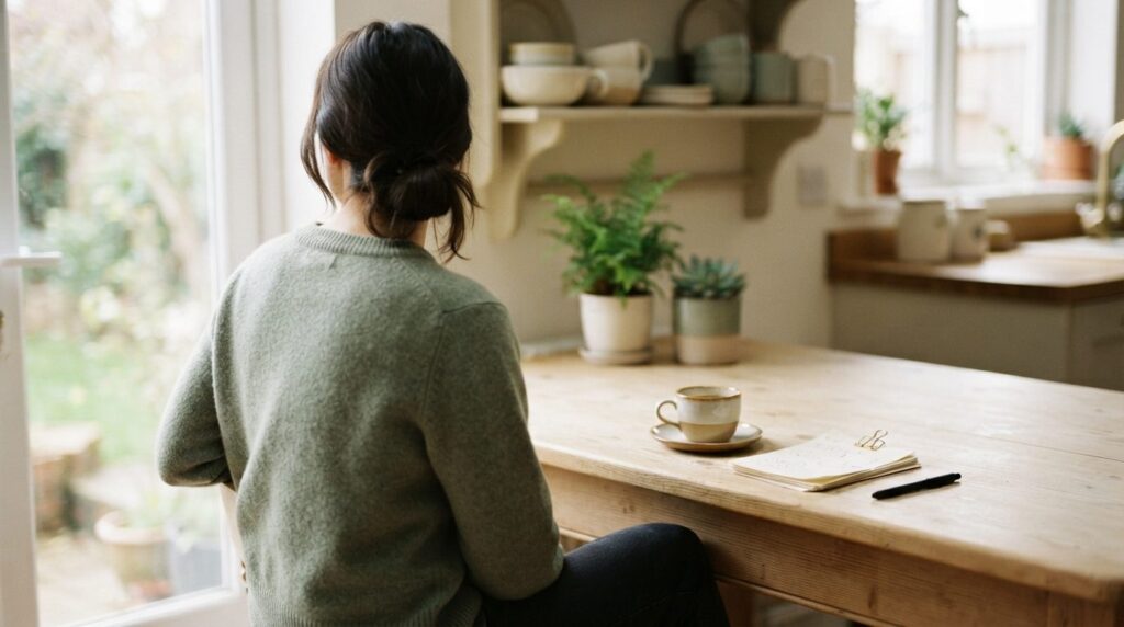 Papirnoter og kaffekop på lyst træbord i hjemmekontor med rolige beige- og grøntoner.
