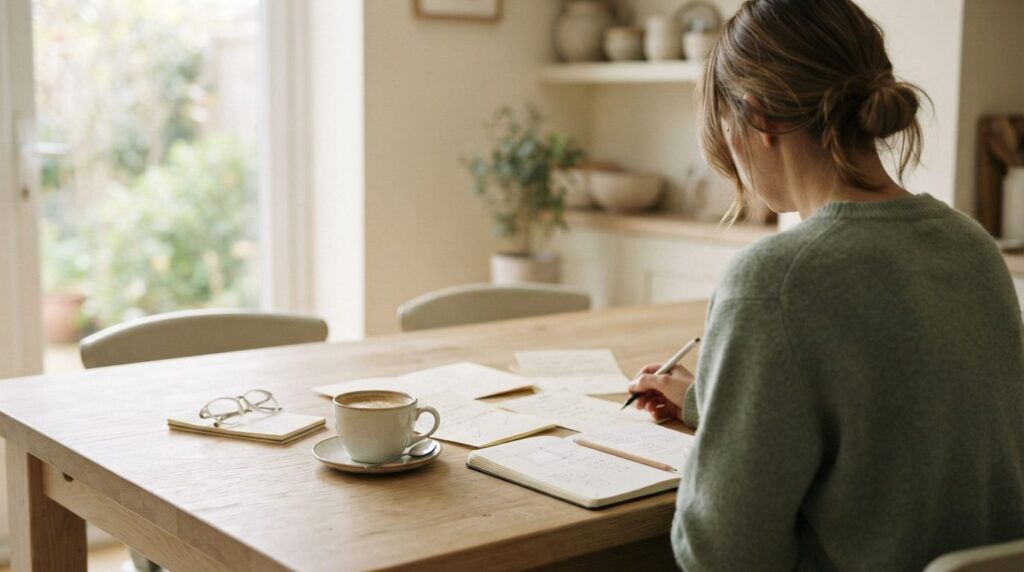 Papirnoter og kaffekop på træbord i hjemligt arbejdsrum med dæmpet dagslys.