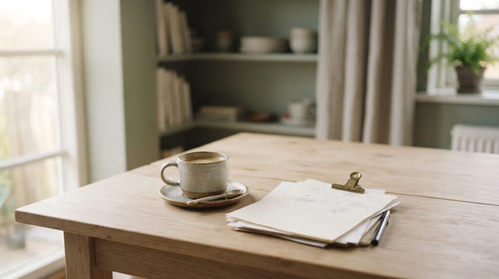 Træbord med papirnoter og kaffekop i dæmpet stue med naturligt lys.