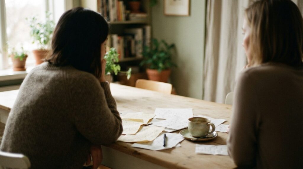 Træbord med notater og kaffekop i et lyst hjem med dæmpede farver.