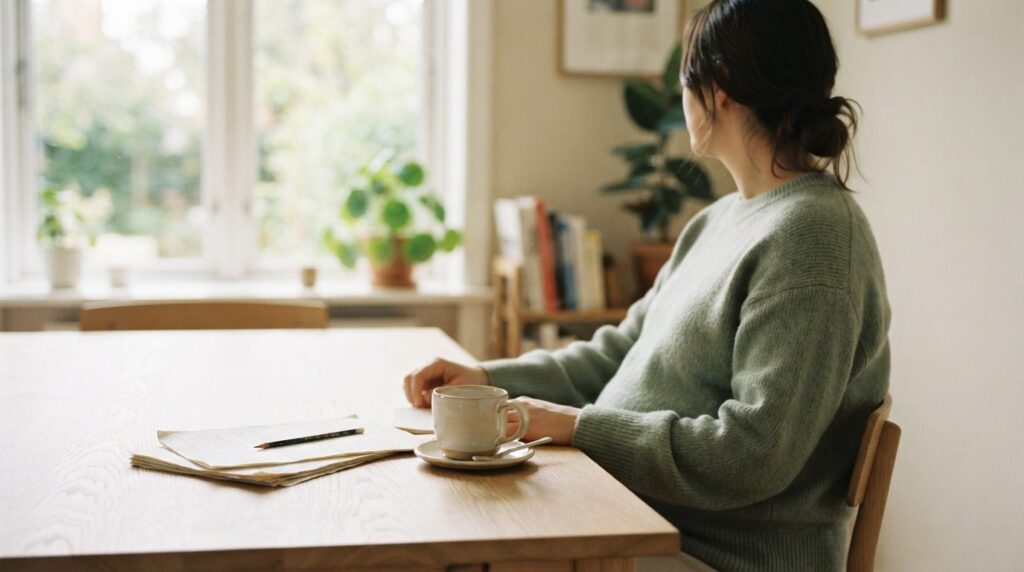Fredelig køkkenbord med notesbog, kaffekop og naturligt lys i dæmpede grønne og kremfarver.