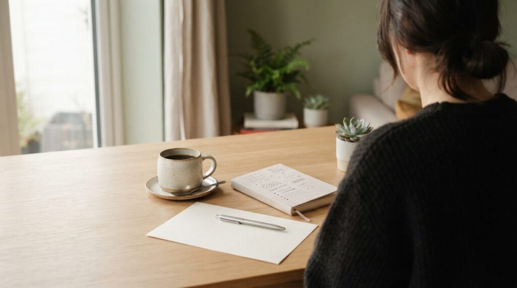 Skrivebord med papirnoter, kaffekop og minimalistisk indretning i bløde, dæmpede farver.
