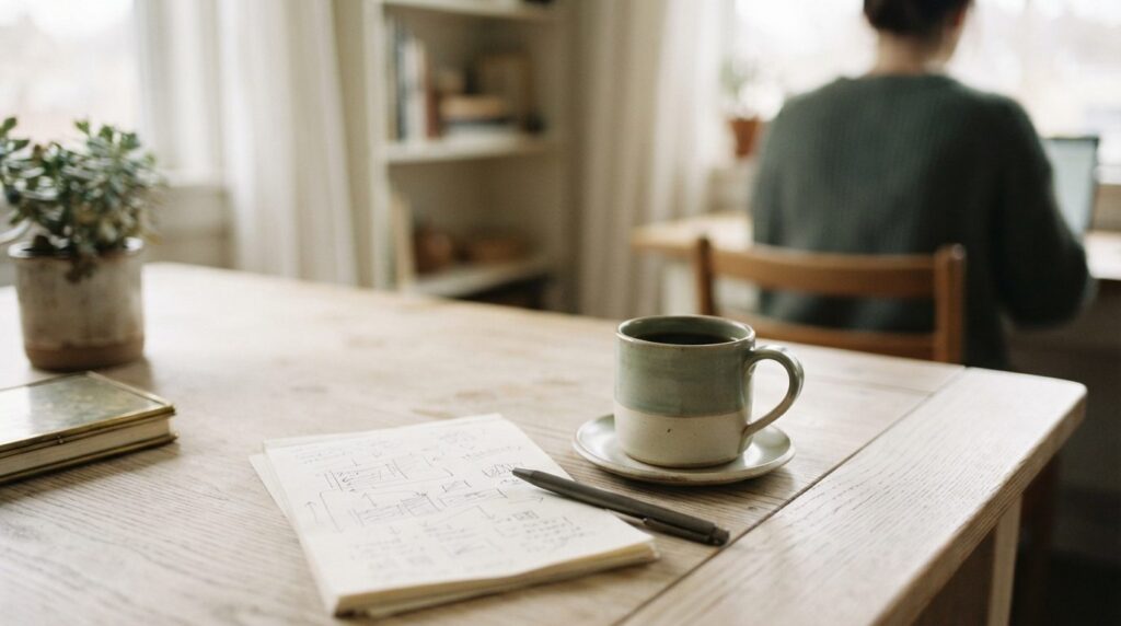 Træbord med notitspapir og kaffekop i hjemligt, roligt miljø med dæmpet belysning.