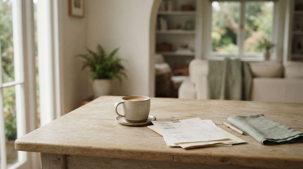 Papirnoter og kaffekop på lyst træbord i hjemligt rum med dæmpet lys og stilrent design.