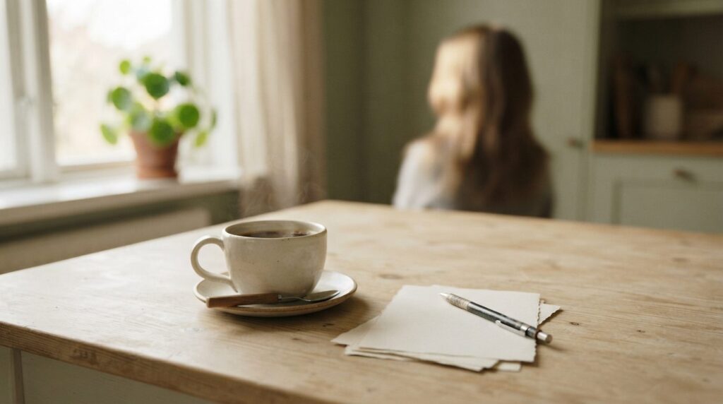 Hjemmekontor med papirnoter og kaffekop på træbord i dæmpet lys med beige og grønlige farver.