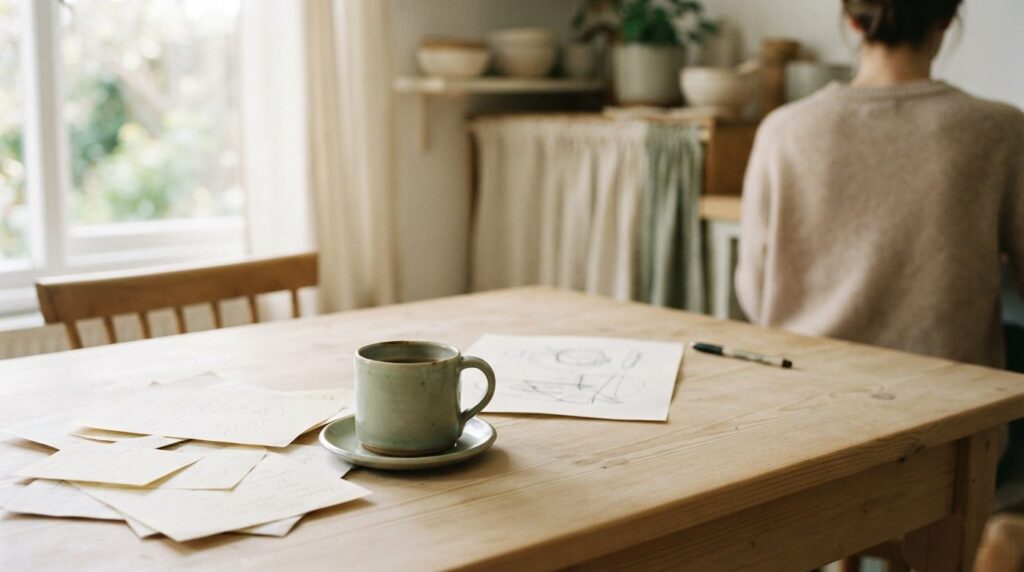Skrivebord med papirnoter, kaffekop og minimalistisk indretning i neutrale farver under dagslys.