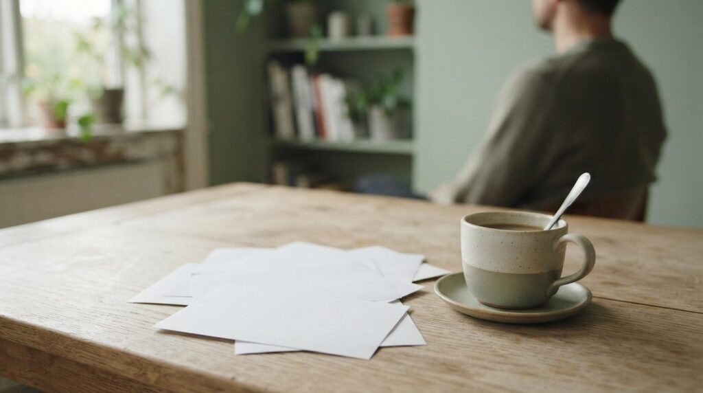 Stiliseret køkkenbord i lyst træ med notater og kaffekop i dæmpede grøn- og cremenuancer.