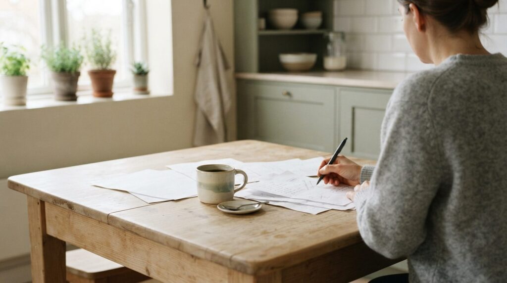 Træbord med papirnoter, kaffekop og minimalistisk indretning i lyse toner.